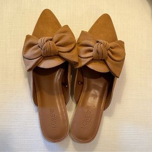 Slip on suede bow mules. Camel. 7.5. JCrew Factory. Never been worn.